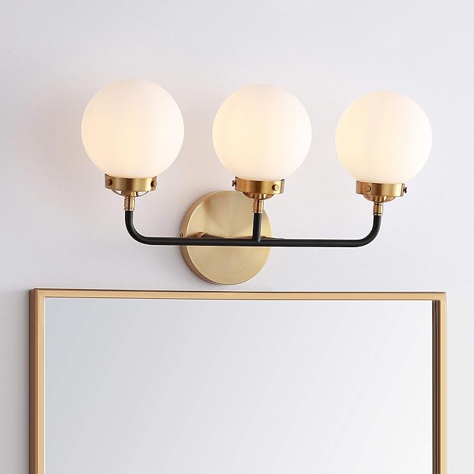 JONATHAN Y 22" Brass Gold/Black/White 3-Light LED Wall Sconce Vanity Lighting, Clear Glass Globe Shade Modern Contemporary Sconce for Bathroom Mirror, Hallway, UL Listed (JYL9058B)