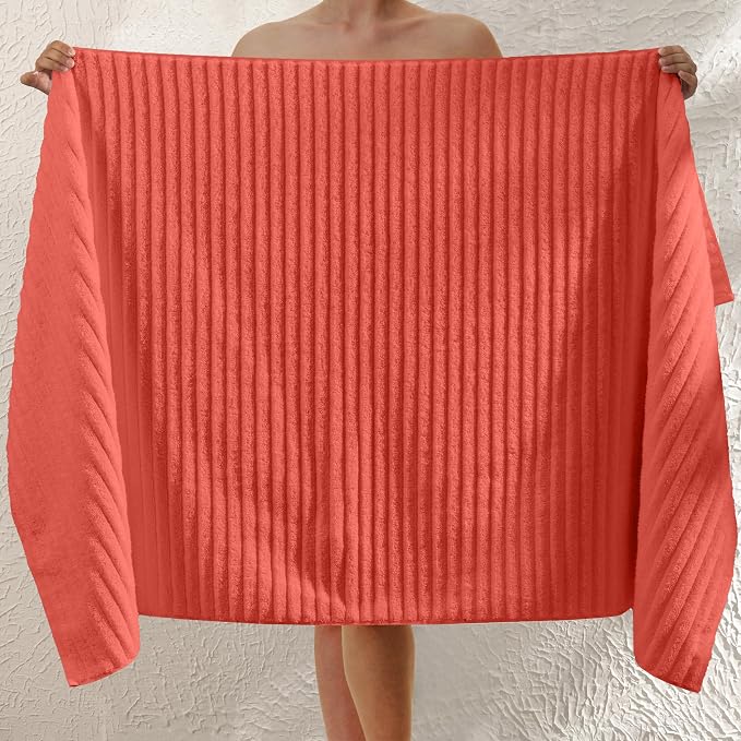 Elegant Comfort 100% Turkish Cotton Corduroy Ribbed Luxury Jumbo Bath Towel Ultra Soft - 35 x 70 Inch - Luxury Spa Premium Hotel Quality Highly Absorbent and Quick Dry Large Bath Towel, Coral