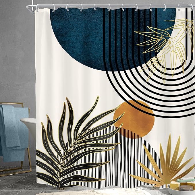 KOMLLEX Mid Century Blue Boho Abstract Modern Bathroom Shower Curtain Set | 72Wx84L Plant Botanical design, waterproof HD print with fast-drying fabric and 12 hooks.