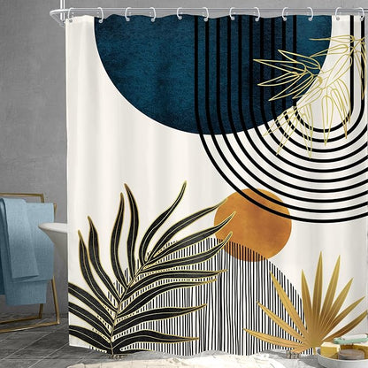 KOMLLEX Mid Century Blue Boho Abstract Modern Bathroom Shower Curtain Set | 72Wx84L Plant Botanical design, waterproof HD print with fast-drying fabric and 12 hooks.