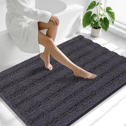 Smiry Thick Chenille Large Bathroom Runner Rugs 40x32, Bath Mat, Dark Grey | Quick‑Dry & Machine Washable, Non‑Slip Bath Carpet, Soft Striped Bath Rugs for Tub & Shower, Modern Home Decor Accessories