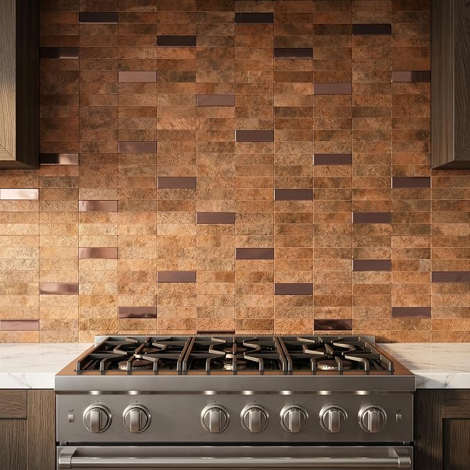 XUANINY Peel and Stick Tile Backsplash Self- Adhesive Wall Tiles Aluminum Mosaic Sticker for Kitchen (11.33"x11.92" Per Sheet, Pack of 10 pcs) (Copper 10)
