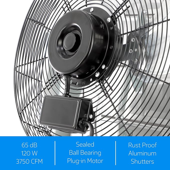 Vie Air Shutter Exhaust Fan with Power Cord – High-Performance Ventilation for Indoor/Outdoor Spaces, Energy-Efficient Cooling - Vent fan for Commercial, Greenhouse, Attic, Shed & Shop (20 Inch)