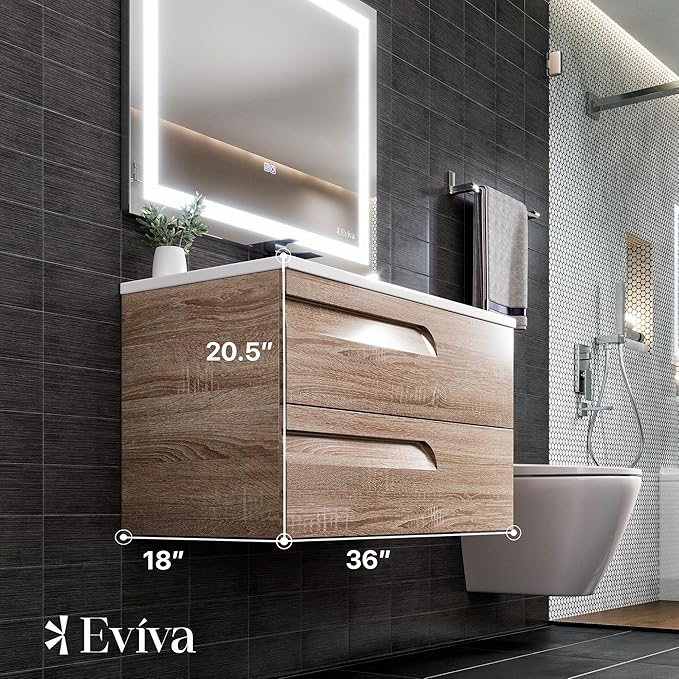 Eviva Joy 36 in. Maple Wall MountSingle Sink Bath Vanity with Porcelain Top and Integrated Sink