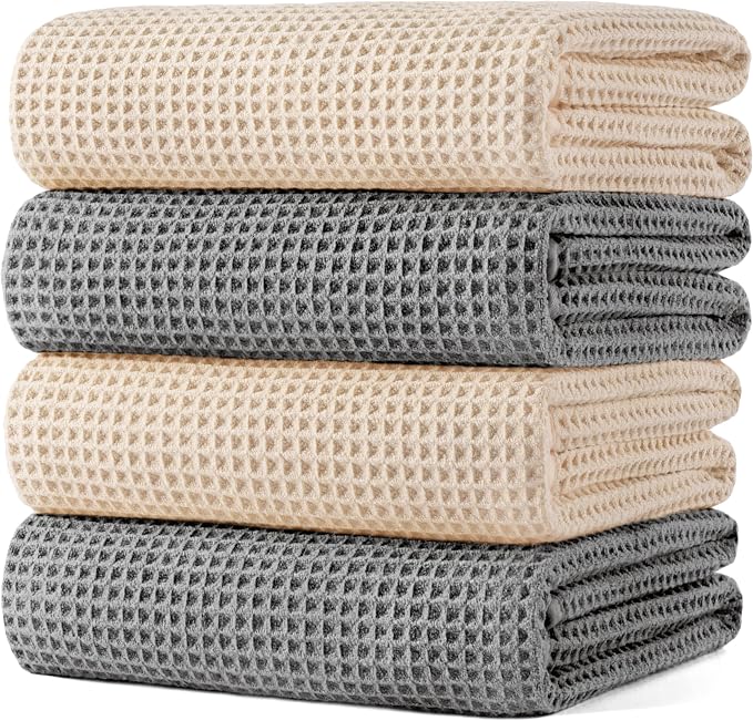 POLYTE 430 GSM Poly Blend Microfiber Quick Dry Waffle Bath Towel, 30x60 in | 4 Pack, Oversize, Lint Free, Body Towel