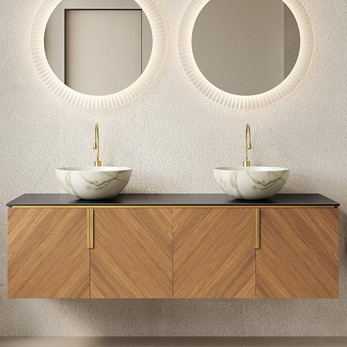 60" Double Sink Bathroom Vanity with Sink Combo, Floating Vanity with Vessel Sink, Wall-Mounted Plywood Bathroom Vanity Storage Cabinet with 4 Doors & 2 Bowl Basin, Brown Oak