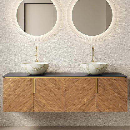 60" Double Sink Bathroom Vanity with Sink Combo, Floating Vanity with Vessel Sink, Wall-Mounted Plywood Bathroom Vanity Storage Cabinet with 4 Doors & 2 Bowl Basin, Brown Oak