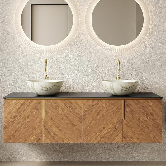 60" Double Sink Bathroom Vanity with Sink Combo, Floating Vanity with Vessel Sink, Wall-Mounted Plywood Bathroom Vanity Storage Cabinet with 4 Doors & 2 Bowl Basin, Brown Oak