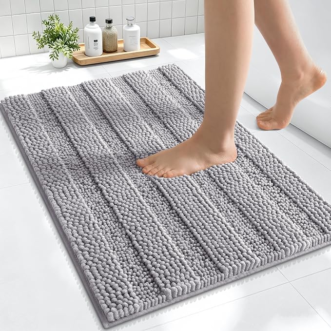 Smiry Thick Small Chenille Bathroom Rugs 24x16, Absorbent Bath Mat, Grey | Quick‑Dry & Machine Washable, Non‑Slip Bath Carpet, Soft Striped Bath Rugs for Tub & Shower, Modern Home Decor Accessories