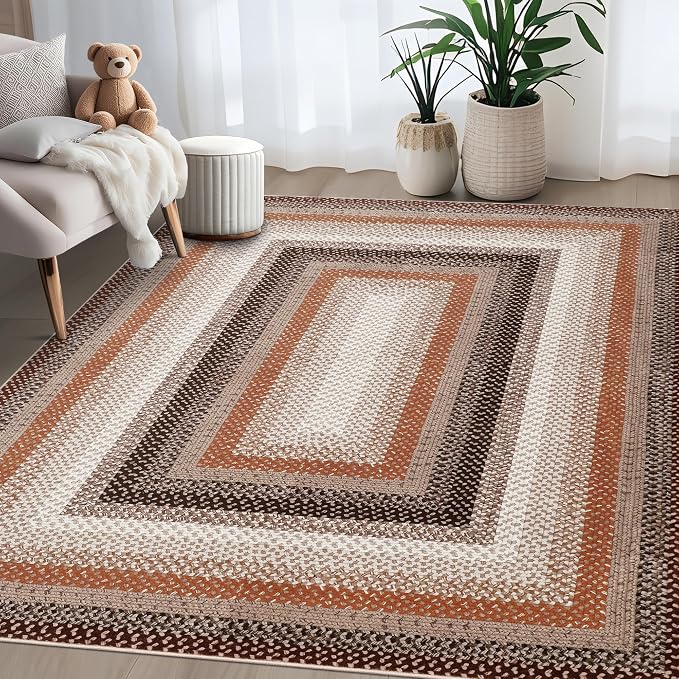 Imitation Braided Collection-Print 3x5 Entryway Rug Washable Bedroom Rugs with Non Slip Rubber Backing, Farmhouse Soft Low Pile Rustic Stain Resistant Accent Rug for Entrance Living Room