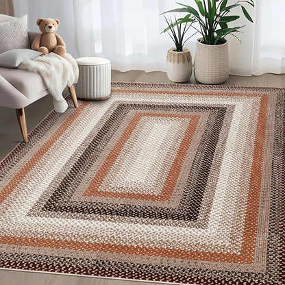 Imitation Braided Collection-Print 3x5 Entryway Rug Washable Bedroom Rugs with Non Slip Rubber Backing, Farmhouse Soft Low Pile Rustic Stain Resistant Accent Rug for Entrance Living Room