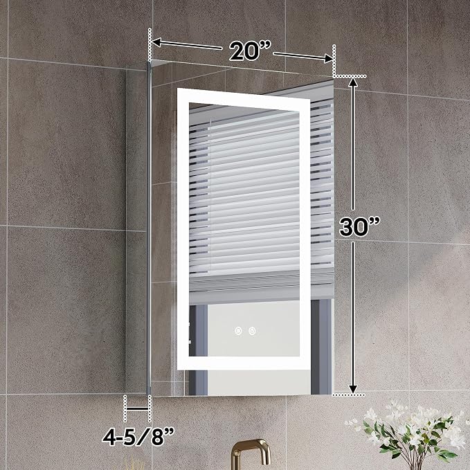 WELLFOR 20 x 30-in LED Medicine Cabinet, Surface or Recessed Mounted, Single Right Opening Doors, Anti-Fog, Mirror with Outlets & USB Ports