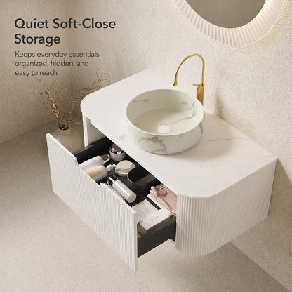 30 Inch Bathroom Vanity with Sink, Floating Wall Mounted Single Sink Vanity, White Curved Fluted Front, Stone Top, Marble-Look Round Vessel Basin, Pre-Assembled