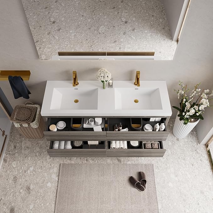 60" Wall-Mounted Bathroom Vanity, Double Sink Floating Cabinet with Stone Resin Countertop & Soft-Close Drawers, Modern Floating Storage Solution,Ash Grey