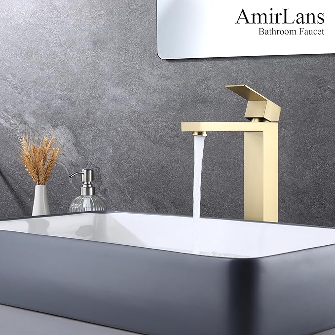 Brushed Gold Vessel Sink Faucet, Gold Bathroom Faucet Single Hole, Single Handle Tall Bathroom Sink Faucet with Pop Up Drain, AML-11411-BG