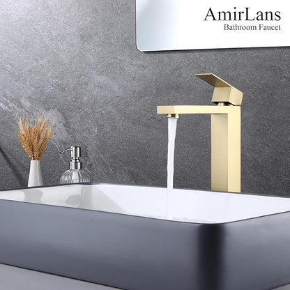 Brushed Gold Vessel Sink Faucet, Gold Bathroom Faucet Single Hole, Single Handle Tall Bathroom Sink Faucet with Pop Up Drain, AML-11411-BG
