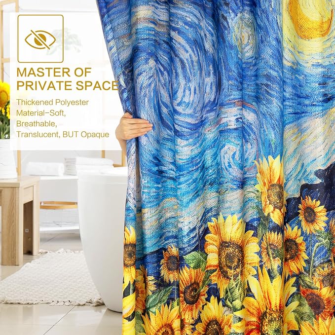 Shower Curtain Starry Night Sunflowers Van Gogh Inspired Art Decor 72x72 | Shower Curtain for Bathroom Waterproof Washable Bath Curtains with Hooks Home Office Farmhouse Bathroom