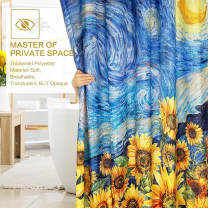 Shower Curtain Starry Night Sunflowers Van Gogh Inspired Art Decor 72x72 | Shower Curtain for Bathroom Waterproof Washable Bath Curtains with Hooks Home Office Farmhouse Bathroom
