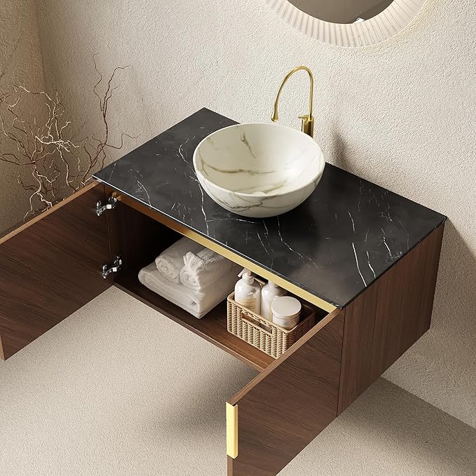 36 Inch Bathroom Vanity with Sink Combo, Floating Vanity Bathroom with Vessel Sink, Modern Bathroom Vanity Cabinet with Doors, Sintered Stone Countertop and Bowl Sink,Brown Oak