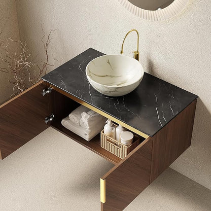 36 Inch Bathroom Vanity with Sink Combo, Floating Vanity Bathroom with Vessel Sink, Modern Bathroom Vanity Cabinet with Doors, Sintered Stone Countertop and Bowl Sink,Brown Oak