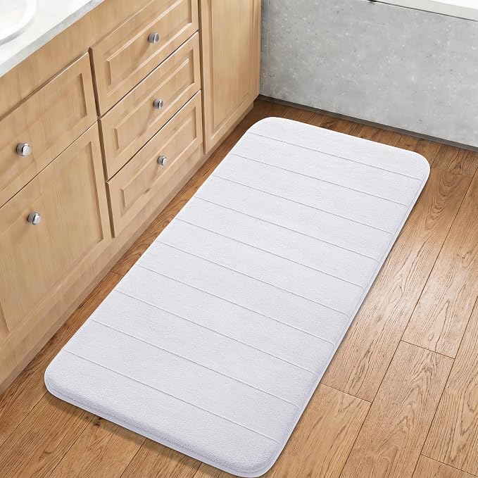 Yimobra Long Bath Mat 44"x24", Super Soft Quick Dry Memory Foam Bathroom Rug, Water Absorbent, Non Slip Backing Machine Washable for Tub Shower, Thick Comfort Support, White