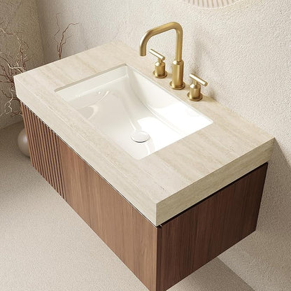 Ambrovina 36" Floating Bathroom Vanity with Sink, Modern Plywood Bathroom Storage Cabinet with Drawer and Door, Roma Travertine-Pattern Top with 3 Pre-drilled Faucet Holes Ceramic Basin, Dark Oak