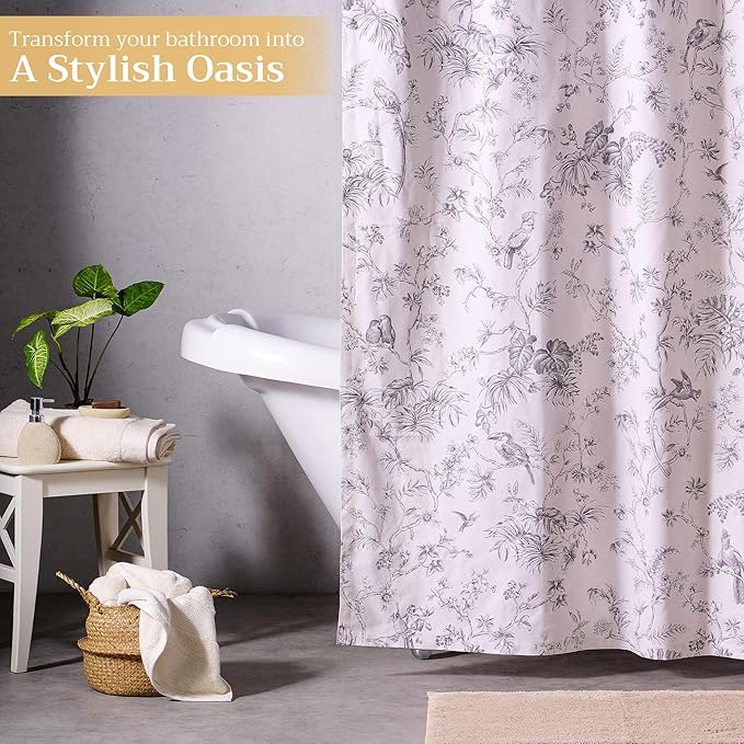 Maison d' Hermine Shower Curtain 100% Cotton One Panel 70"x72" Washable Fabric Shower Curtains for Bathroom, Easy Hanging with 12 Button Holes - Home Hotel Easter Gifts (Jouy Paradise - Grey)