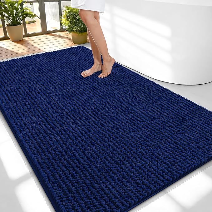 OLANLY Thick Chenille Large Bathroom Rugs 59x35, Absorbent Bath Mat, Navy | Soft Bath Rugs, Rubber Backing, Machine Wash Dry, Bath Mats for Bathroom, Tub and Shower, Home Decor Accessories