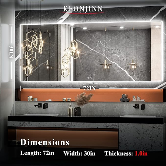 Keonjinn LED Mirror for Bathroom 72 x 30 Inch, Backlit Mirror Bathroom Oversize, Stepless Dimmable Wall Mirrors with Anti-Fog, CRI90+ HD Tempered Glass, Horizontal/Vertical Mounting for Vanity