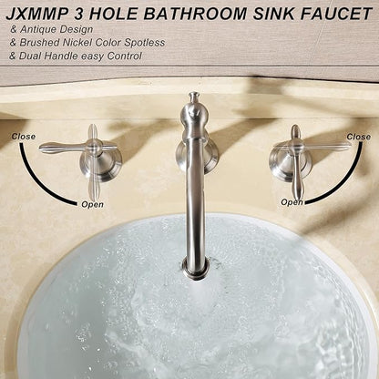 Brushed Nickel 3 Hole Bathroom Faucet, Widespread Antique Bathroom Sink Faucet with Pop Up Drain and cUPC Supply Hose, Modern 2 Handle Modern Brushed Sink Faucet Bathroom JXM3073BN