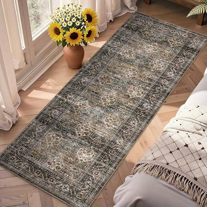 Washable Floral 2x6 Kitchen Rugs, Vintage Distressed Print Non Slip Hallway Runner, Retro Accent Ultra Thin Low Pile Throw Carpet for Entryway Bedroom Laundry Bathroom, Yellow Taupe
