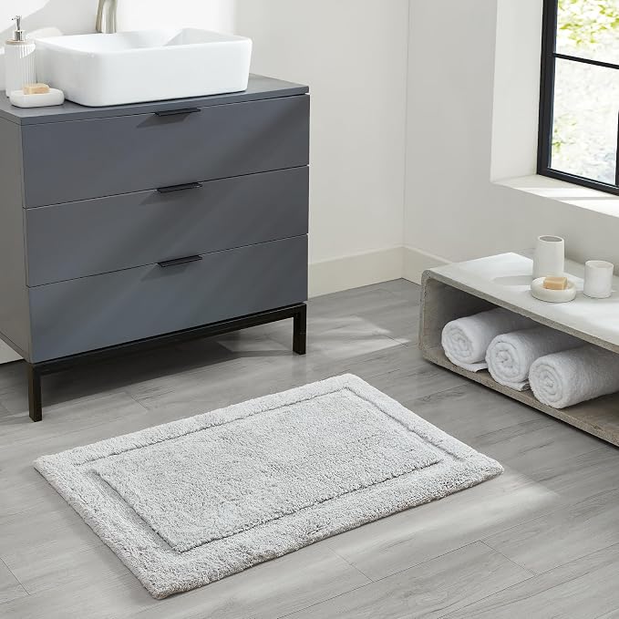 Jean Pierre New York Lydia Border 100% Cotton Bath Mat - Non-Slip Bath Rug - Gray - 20"x32"