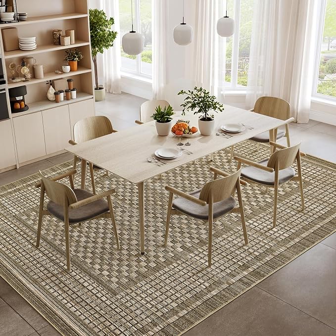 Modern Rug 8x10 Area Rugs for Living Room Washable Bedroom Rug Geometric Checkered Large Area Rug Soft Non Slip Throw Rugs Low Pile Stain Resistant Carpet for Office Dining Room 8'x10' Brown