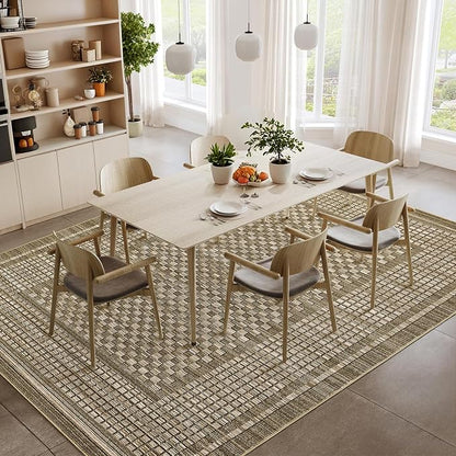 Modern Rug 8x10 Area Rugs for Living Room Washable Bedroom Rug Geometric Checkered Large Area Rug Soft Non Slip Throw Rugs Low Pile Stain Resistant Carpet for Office Dining Room 8'x10' Brown