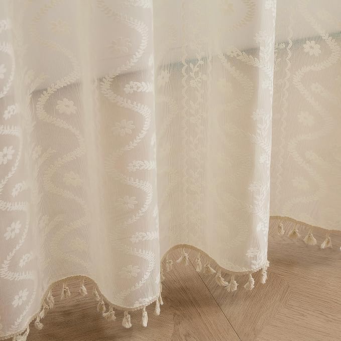 WAZZIO Vintage Lace Shower Curtain for Bathroom 72" W x 72" L, Victorian Farmhouse Floral Pattern Tassel Fancy Shower Curtain Boho Washable Cloth Decorative Bath Curtains,1 Panel