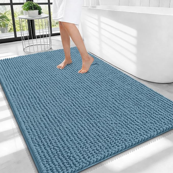 OLANLY Thick Chenille Large Bathroom Rugs Mats 40x32, Airy Blue | Soft Absorbent Bath Rugs, Rubber Backing, Machine Wash Dry, Bath Mats for Bathroom, Tub and Shower, Home Decor Accessories