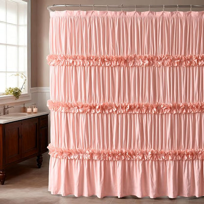 Homechoice Decor Extra Wide Shower Curtain 108"W x 72"L with 18 Buttonholes | Vintage Handcrafted Bow Tie Bath Curtain for Bathroom and Clawfoot Tub, Victorian Ruffle Bathroom Curtain, Peach (LQ-10)