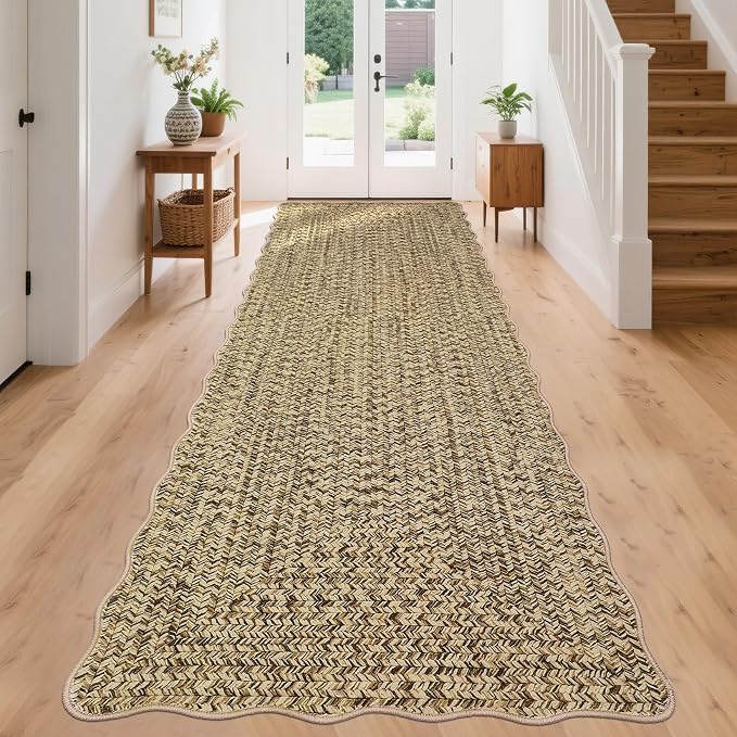 Imitation Braided Collection-Print Long Hallway Runners 2x10 Washable Area Rug, Farmhouse Rustic Bordered Area Rug Non Slip Soft Low Pile Indoor Carpet Runners for Entryways, Laundry Room