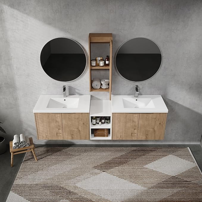 Henf 72" Floating Double Sink Bathroom Vanity Brown Wall Mount Bathroom Vanity Cabinet with Sink Combo, 72-Inch Bathroom Vanities Set with Open Storage Shelf & Side Cabinet & 2 30in Bathroom Vanities