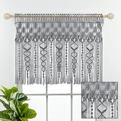Lush Decor Boho Macrame Textured Cotton Valance, 40" W x 30" L, Gray - Boho Kitchen Curtains & Wall Decor - Macrame Valance - Bathroom Window Curtains