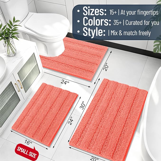Smiry Thick Chenille Bathroom Runner Rugs 44x24, Absorbent Bath Mat, Coral | Quick‑Dry & Machine Washable, Non‑Slip Bath Carpet, Soft Striped Bath Rugs for Tub & Shower, Modern Home Decor Accessories