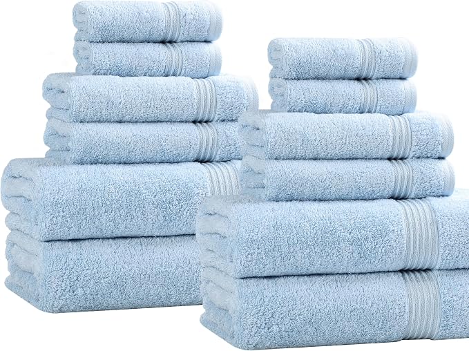 Superior Egyptian Cotton 12-Piece Towel Set, Assorted Towels for Home Bathroom, Guest Bath Decor Essentials, Includes 4 Bath, 4 Hand, 4 Face Towels/Washcloths, Quick Dry, Absorbent - Light Blue