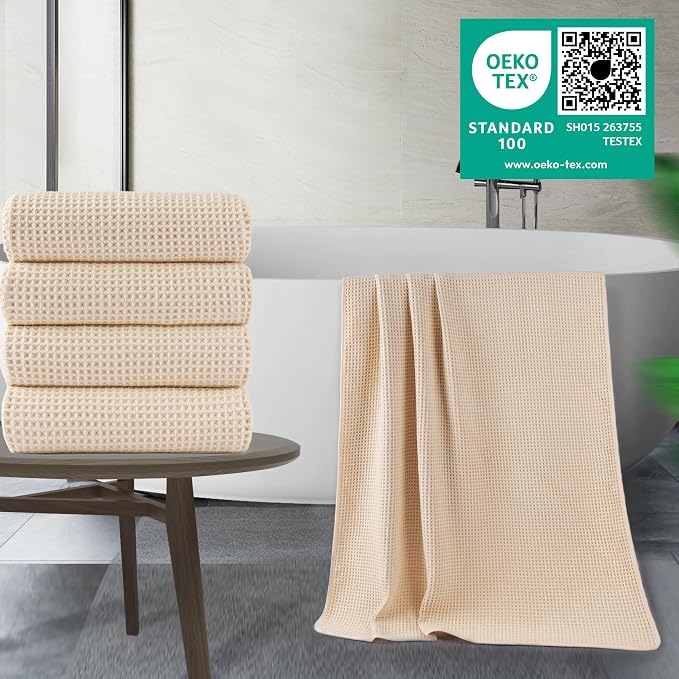 POLYTE 430 GSM Poly Blend Microfiber Quick Dry Waffle Bath Towel, 30x60 in | 4 Pack, Oversize, Lint Free, Body Towel