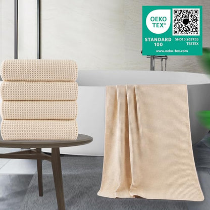 POLYTE 430 GSM Poly Blend Microfiber Quick Dry Waffle Bath Towel, 30x60 in | 4 Pack, Oversize, Lint Free, Body Towel