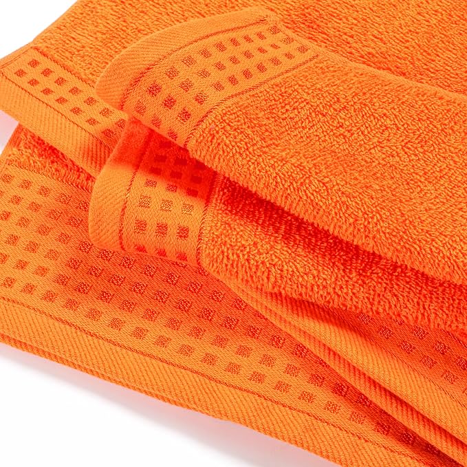 GLAMBURG Ultra Soft 3 Pack Cotton Towel Set, Contains a Bath Towel 28x55 inch, a Hand Towel 16x24 inch & a Wash Coth 12x12 inch, Ideal Everyday use, Compact & Lightweight - Orange