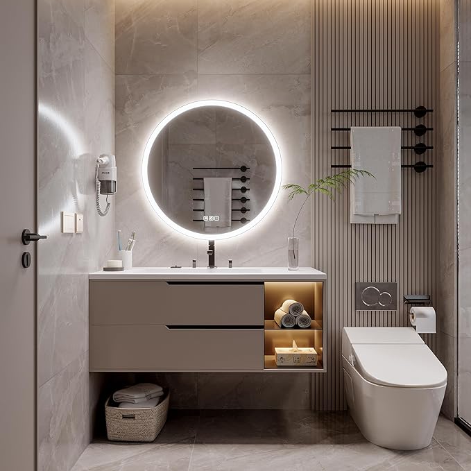 32inches Round LED Mirror,samrt Mirror for Bathroom,Light,Anti- Fog,3 Colors Dimmable,Front and Backlit,CRI90+,Touch Button
