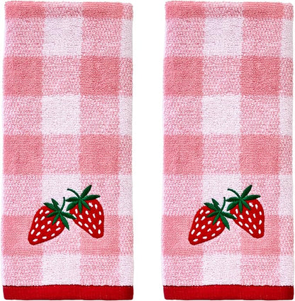 SKL Home Buffalo Plaid Strawberry Hand Towel Set-2pc, 100% Cotton, Pink | Plush & absorbent terry. For use in the bathroom, kitchen or bar. Great for spring, summer & year-round décor.