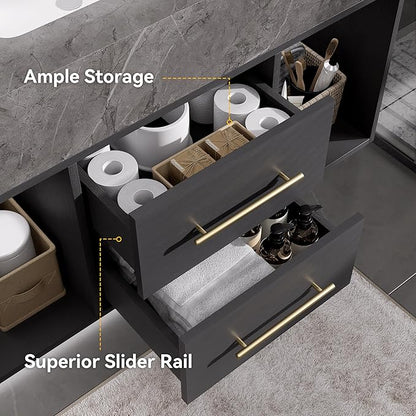 homary 39.4" Floating Bathroom Vanity with Sink, Modern Wall-Mounted Vanity Bathroom Cabinet with Sintered Stone Countertop, Undermount Sink & Black, 2 Open Storage Shelves