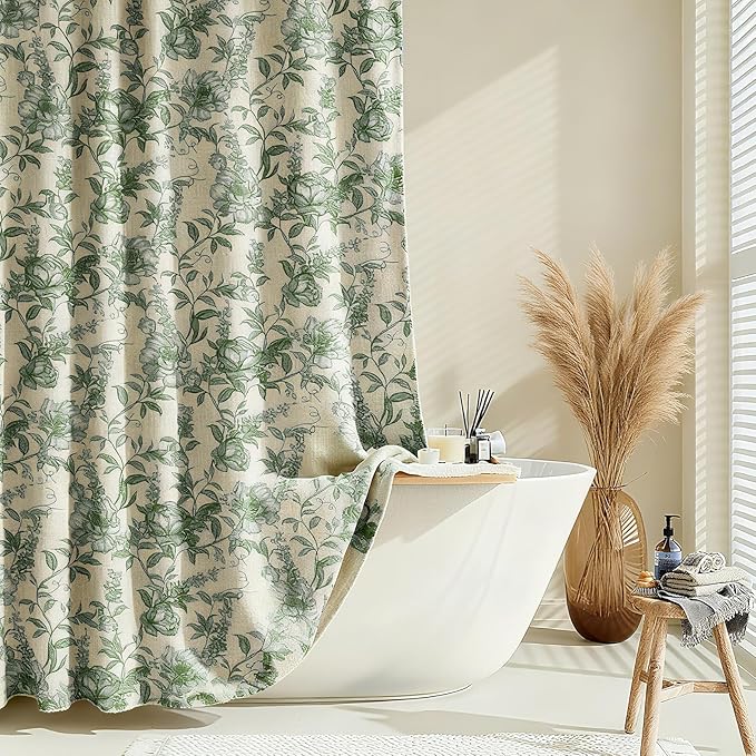 Farmhouse Sage Green Floral Shower Curtain with 12 Clear Rings 72"W x 84"L | Fabric Faux Linen Shower Curtain Set, Vintage Cottagecore Shower Curtain for Bathroom