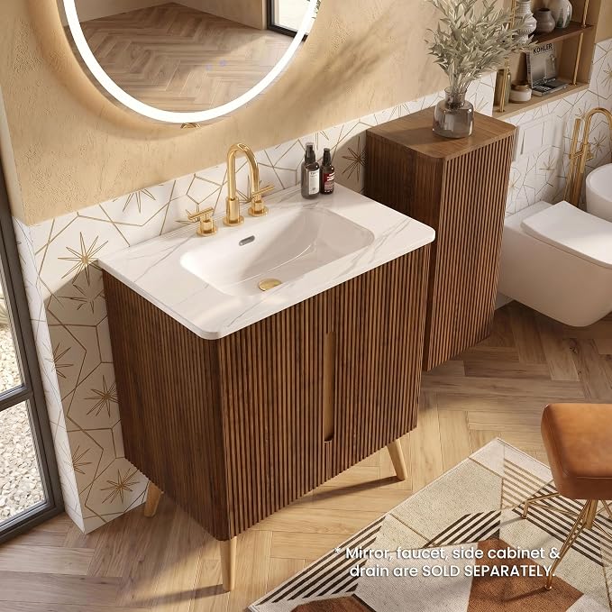 30" Modern Bathroom Vanity with Sink, Mid Century Modern Walnut Bathroom Cabinet with Carrara Marble Finish Sink, Doors, Large Storage with Adjustable Shelf